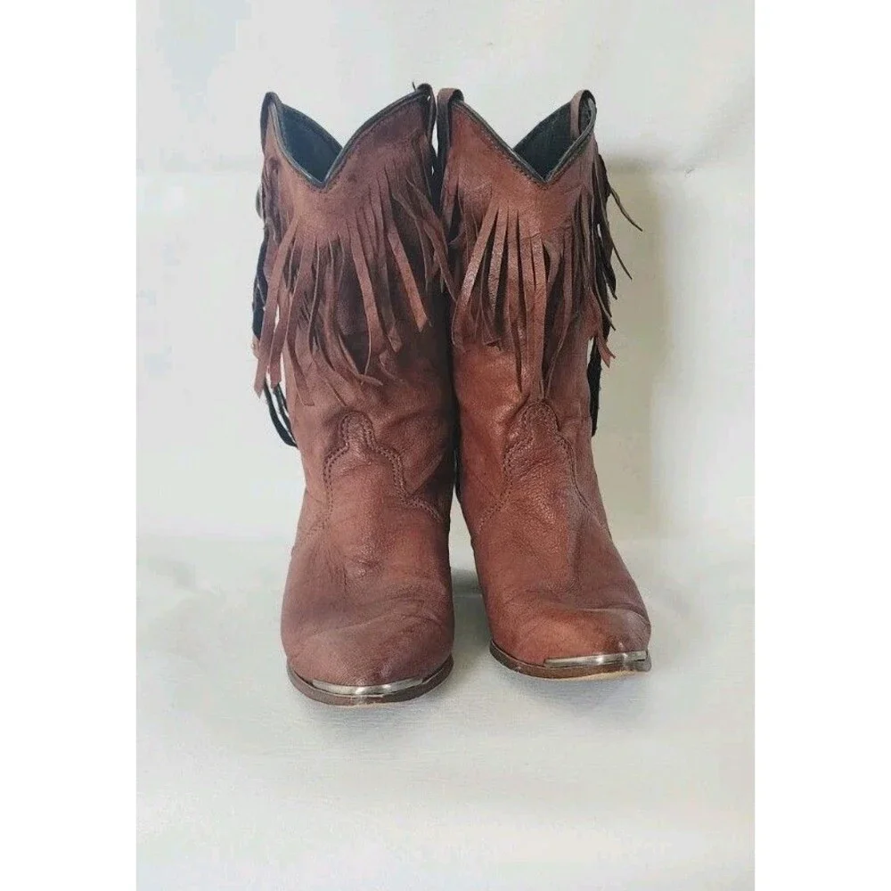 Vintage Brown Concho Fringed Western Boots  Boho Cowgirl Tassel Festival  90s 7